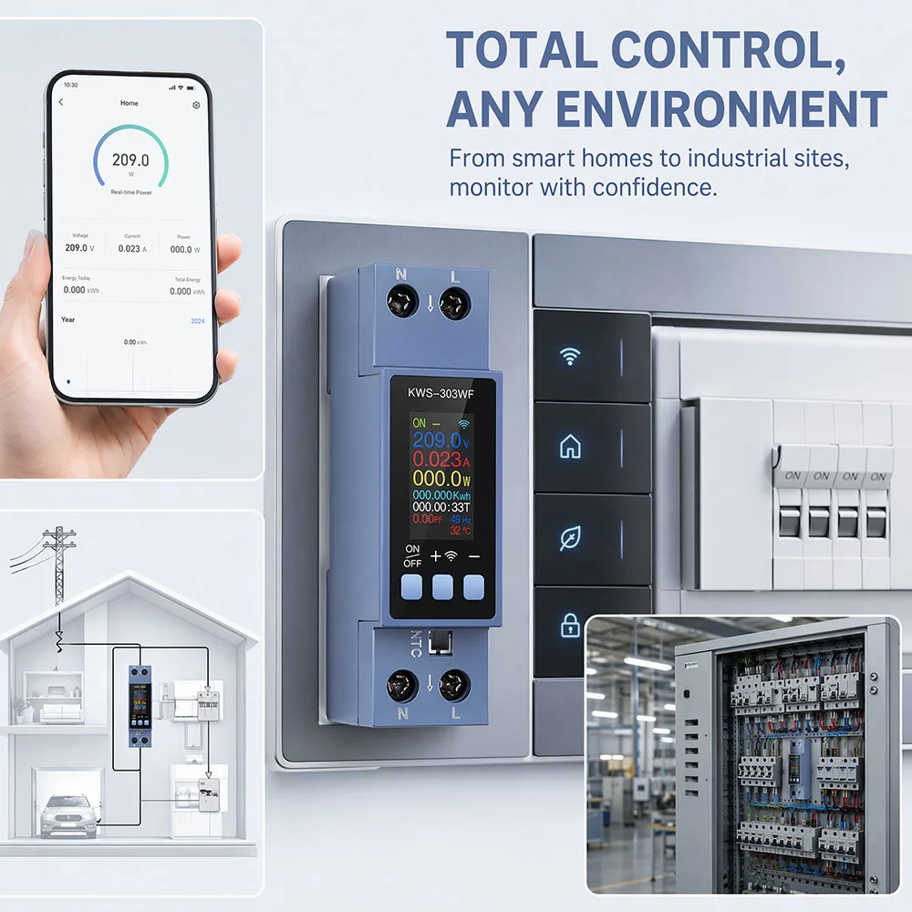 KWS-303 Tuya WiFi Power Meter 8-in-1 Two-Phase AC Voltage Current Power 0.96-inch TFT Remote Control Smart Life APP 85-290V/40A