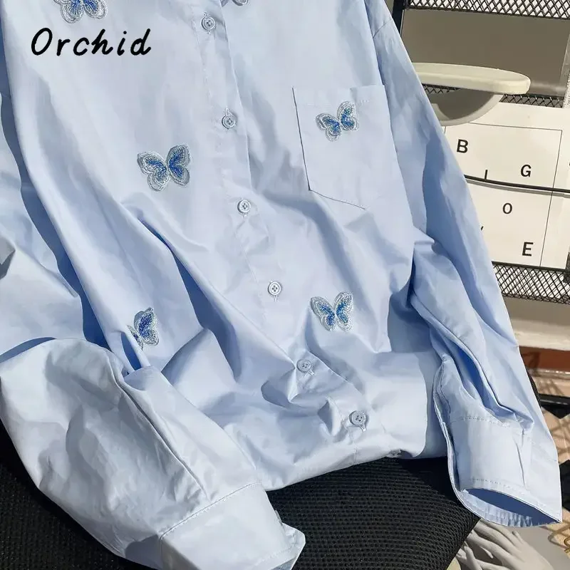 2025 Spring Blue Butterfly Decal Single Breasted Loose Shirt Women's Turn-Down Collar Embroidery Long Sleeve Blouse Female