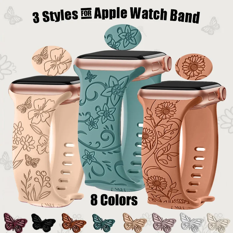 Engraved Floral for Apple Watch Straps SE 10 42mm 46mm 44mm 45mm 38/40/41mm Silicone Bracelet Iwatch Serie 9876543 ultra 2 49mm