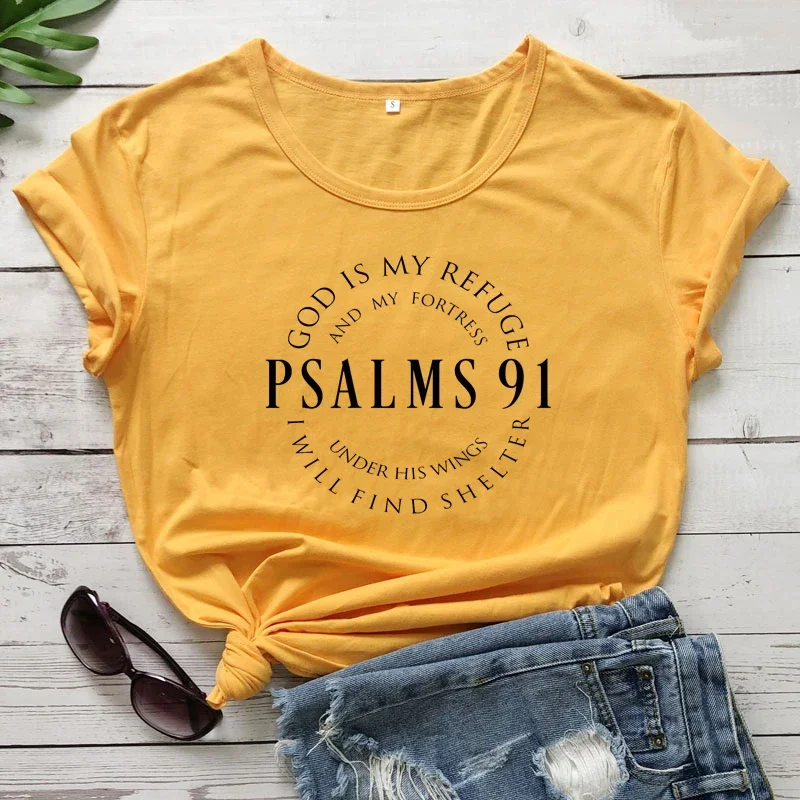 Psalm 91 Printed Women's T-shirt CasualShort Sleeve Christian Bible Tops Tee Scripture Unisex Jesus Church Tshirt Women Clothing