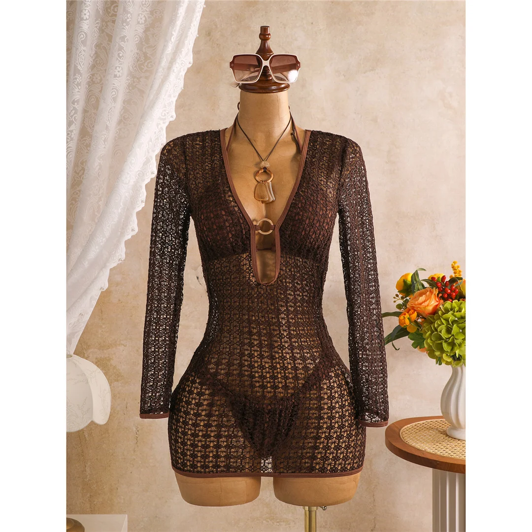 Mit langen Ärmeln, als Überwurf, Neckholder-Bikini, Damen-Badebekleidung, dreiteiliges Bikini-Set, Badeanzug, Badebekleidung, Schwimmbekleidung V8423 – Detail 2