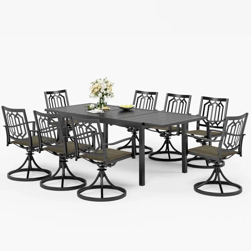 High Quality Heat Transfer Print Iron Patio Extendable Dining Table Outdoor Dining Set with Swivel Chairs