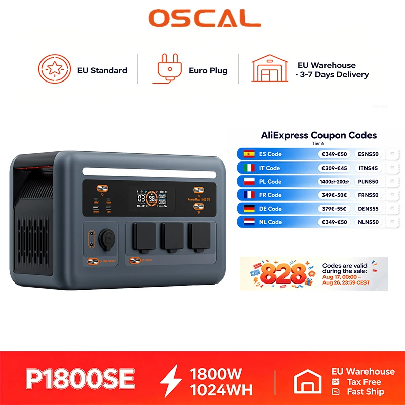 Station d'alimentation OSCAL P1800 SE pour le stockage d'énergie, 1800 W, 1024 Wh ; une batterie solaire portable pour …