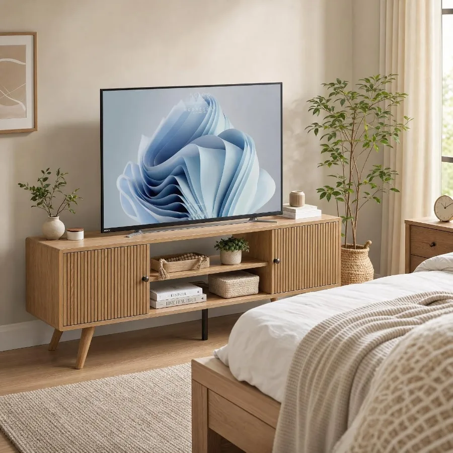 55 Mid Century Modern TV Stand for TVs Up to 60 Inch, Fluted Wood Entertainment Center with Power Outlet USB Ports, Storage Cab