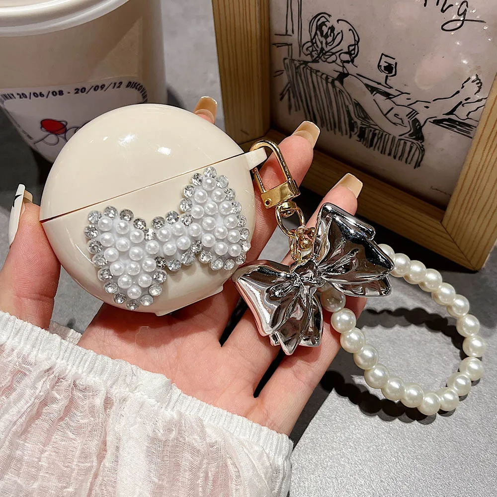Luxury 3D Pearl Diamond Case For OPPO Enco Air 2i Air3 Soft Shockproof Protective Earphone Case With Electroplated Bow Bracelet