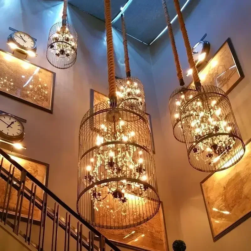 

Retro Wrought Iron Chandelier Rustic Chandelier For Living Room Farmhouse Vintage Restaurant Crystal Bird Cage pendant light