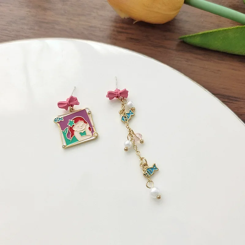 S925 Needle Sweet Fairy Tales Mermaid Long Tassel Drop Earrings Cute Cartoon Movie Princess Girl Cinderella Earrings for Women