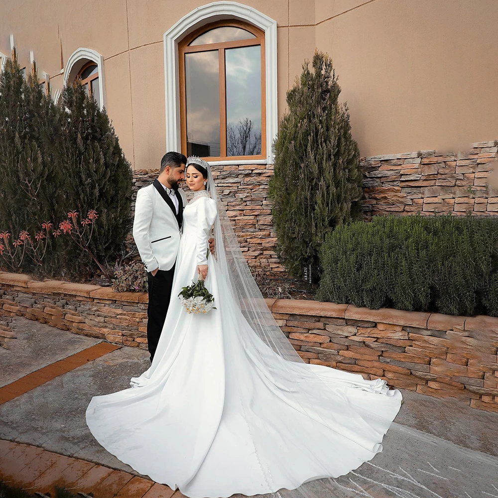 

Holy Weddings Dresses High Neck Long Sleeve A-Line Brides Dress with Beading Church Bridal Gown Customized robes de soirée