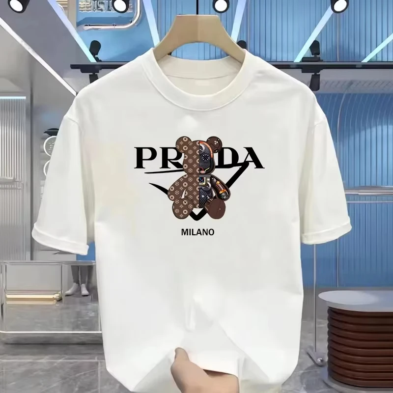 Camiseta masculina luxuosa estampada de verão de alta qualidade 100% algodão puro, ajuste relaxado e solto, elegante e exclusivo, decote redondo