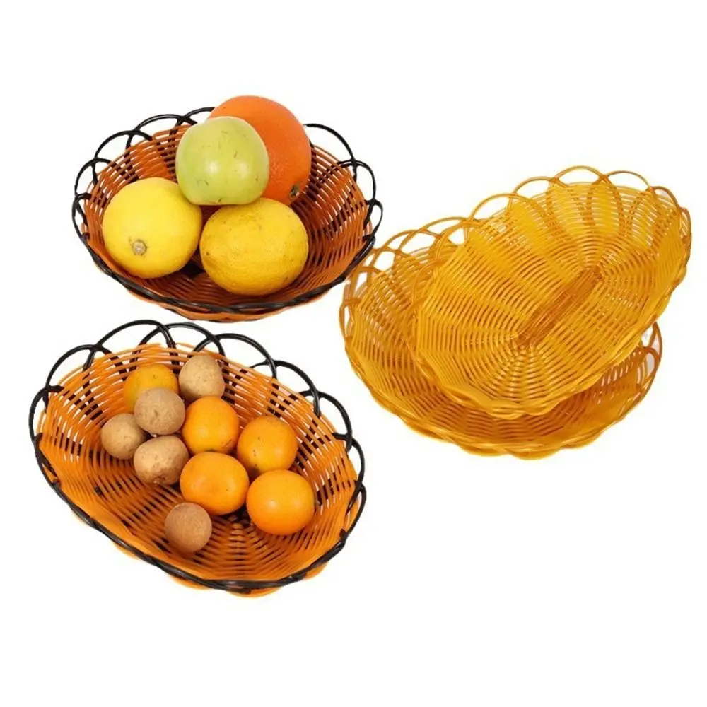 New Plastic Imitation Rattan Basket Round Woven Fruit Basket Food Plate Breakfast Cake Snack