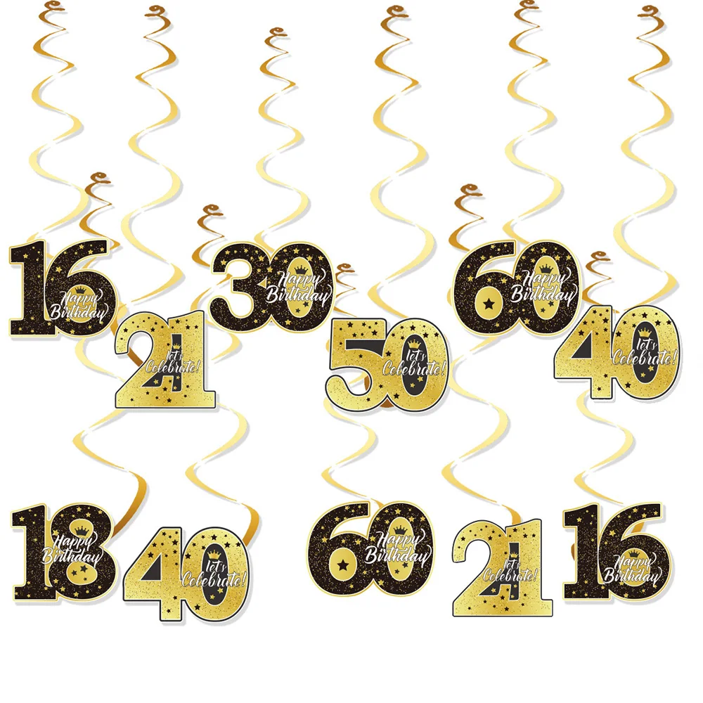 16, 18, 21, 30, 40, 50, 60 лет, подвесные завитки с номером на день рождения, черный золотой цвет для юбилея, года рождения, вечеринки, украшения своими руками