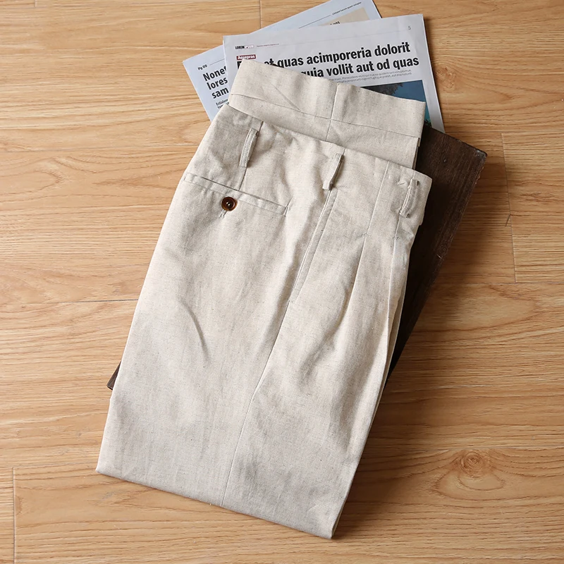 

Spring Summer Lightweight Breathable Cotton Linen Blend High Waist Wide Leg Straight Cut Casual Trousers