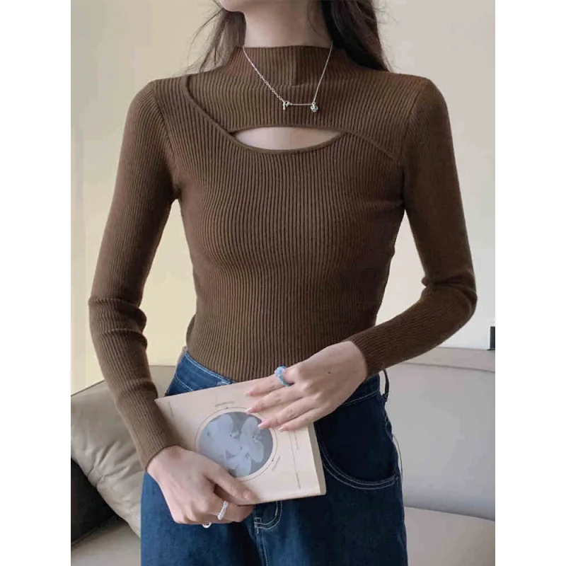 Women's New Long Sleeved T-shirt Women's Knitted Sweater Semi High Neck Casual Slim Fit Sweater Women's