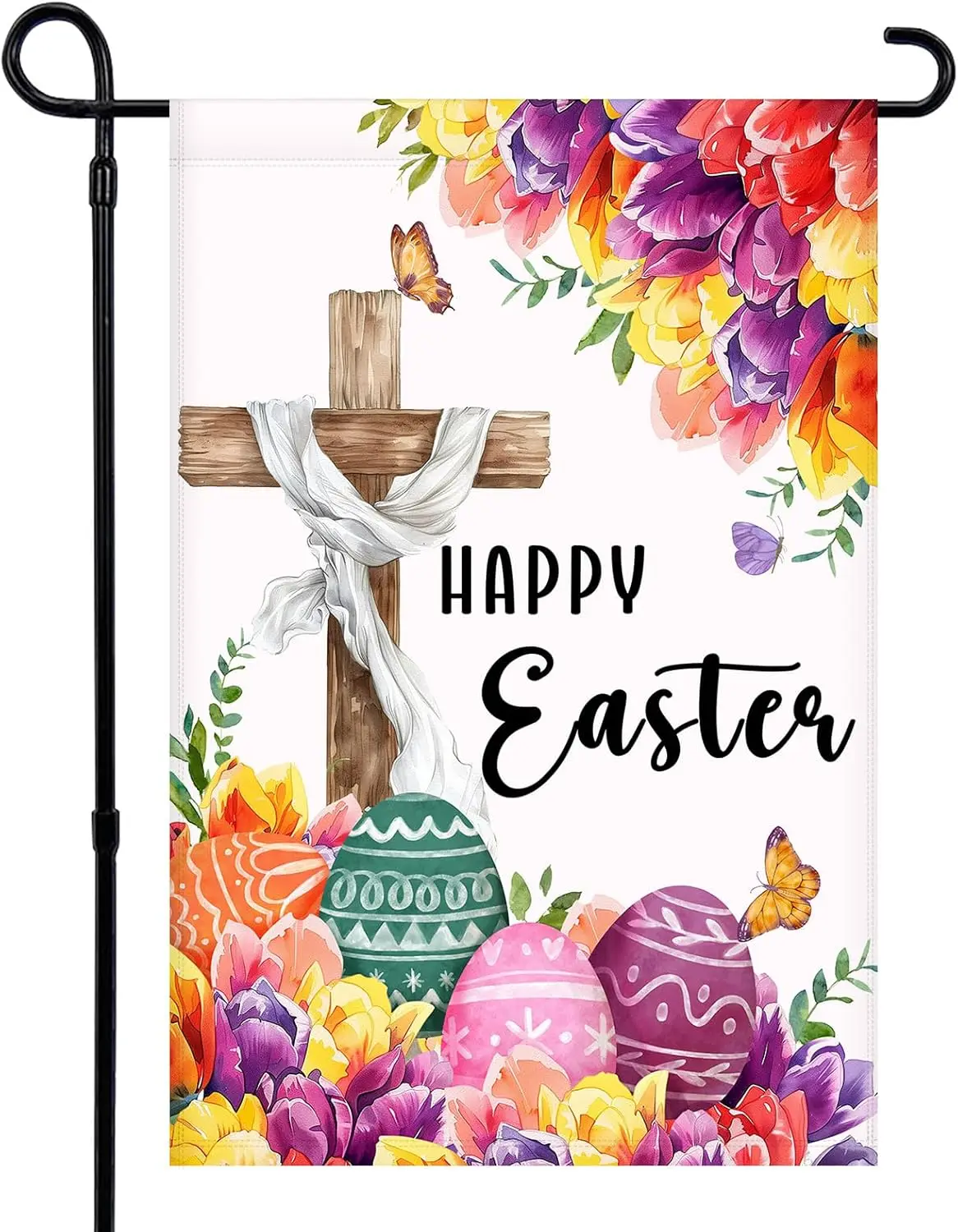Happy Easter Garden Flag 12 x 18 Inch Cross Easter Eggs Double Sided Garden Flags for Outdoor Farmhouse Holiday Yard Lawn De SSL