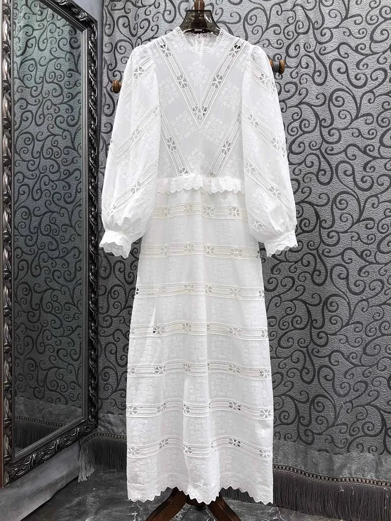 Top Quality New Long Autumn Dress 2024 Fashion Women Crochet Embroidery Flower Long Sleeve White Party Evening Dress Birthday