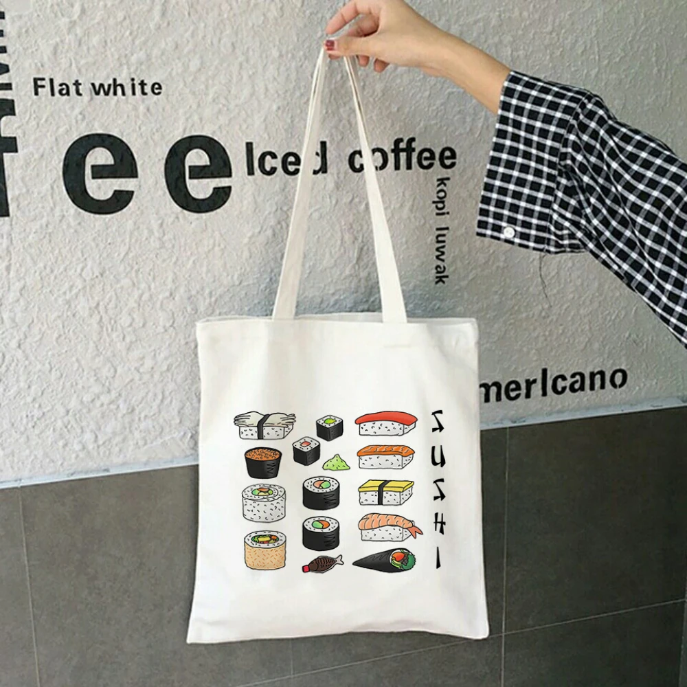 

Cute Sushi Cartoon Canvas Tote Bag Reusable Eco Friendly Shopping Bag for Women Spacious Commuter Purse Daily Use Handbags Gift