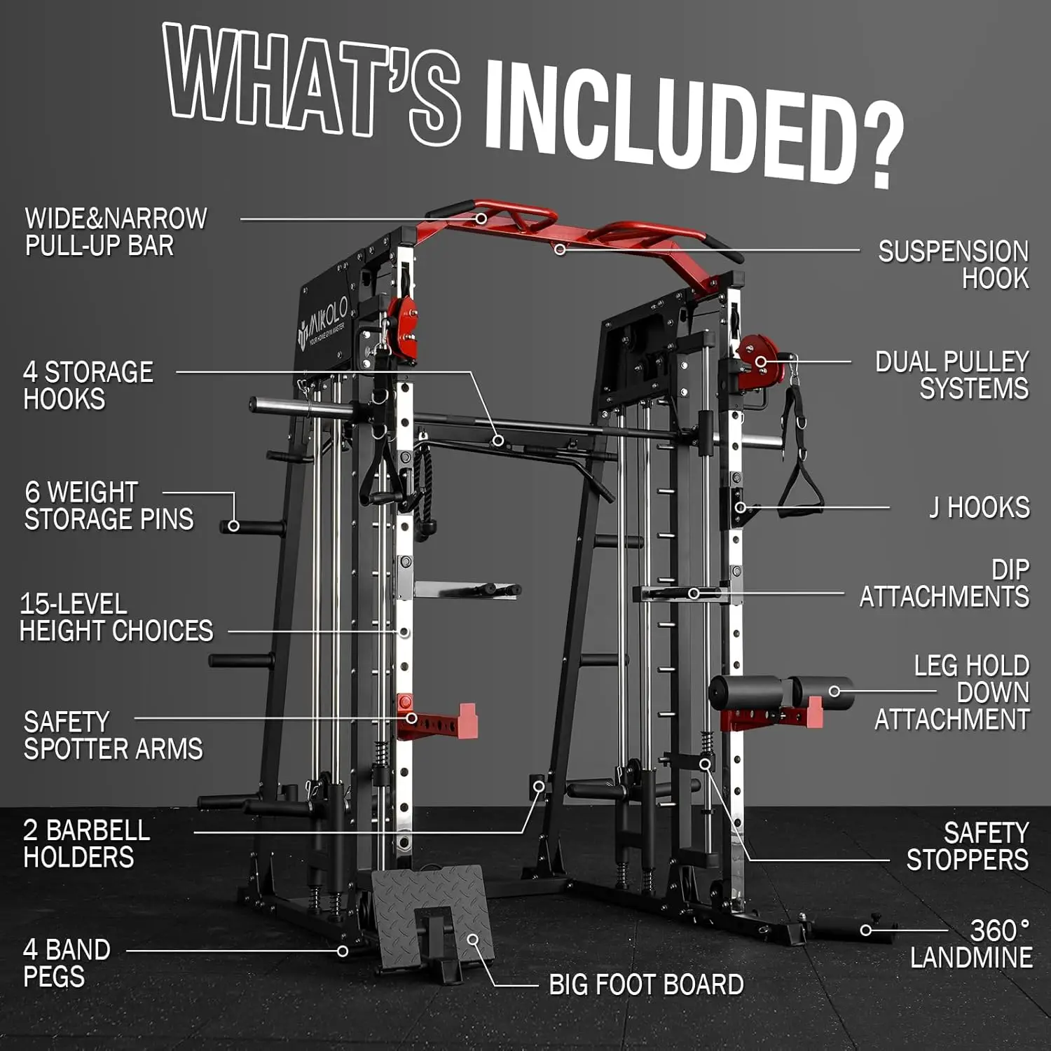 Smith Machine, 2200lbs Squat Rack with LAT-Pull Down System & Cable Crossover Machine, Training Equipment with Leg Hold-Down Att