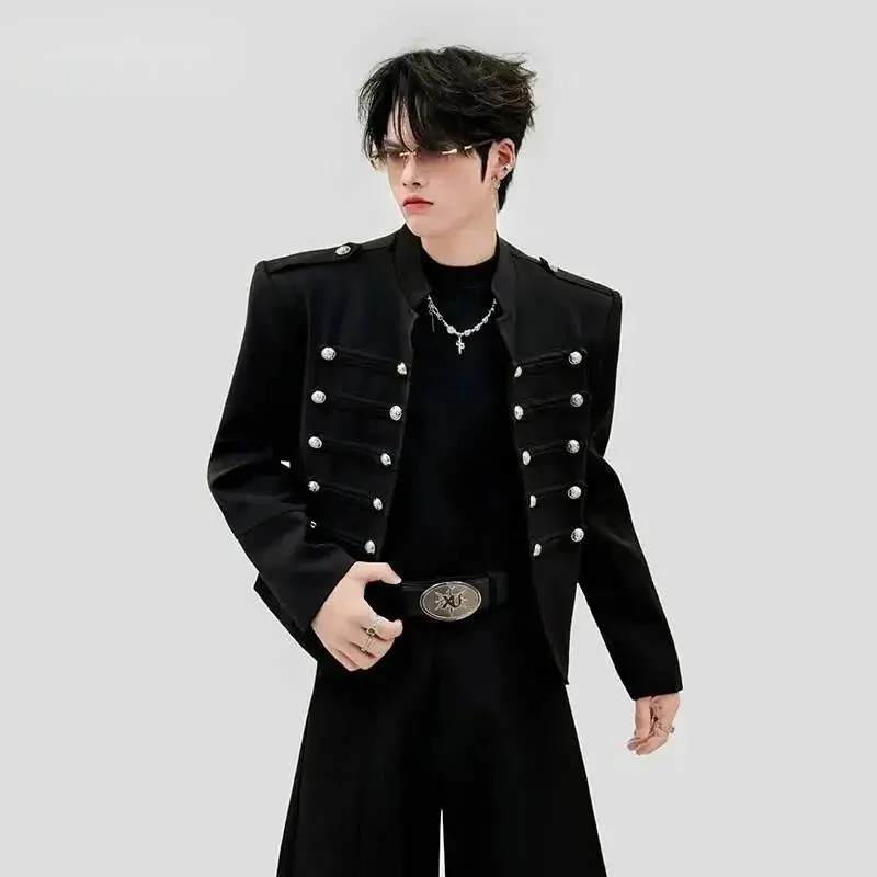 Short Suit Mens Stand Collar Multi Row Button Padded Shoulder Long Sleeve Retro Male Street Chic Fashion Coats 28AQ