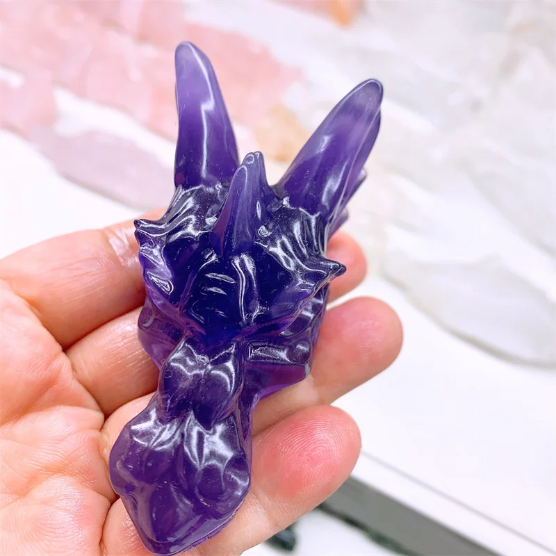 Natural Purple Fluorite Dragon Skull Mineral Crystal Healing Fengshui Head Statue Animal Room Decoration Gift 1pcs