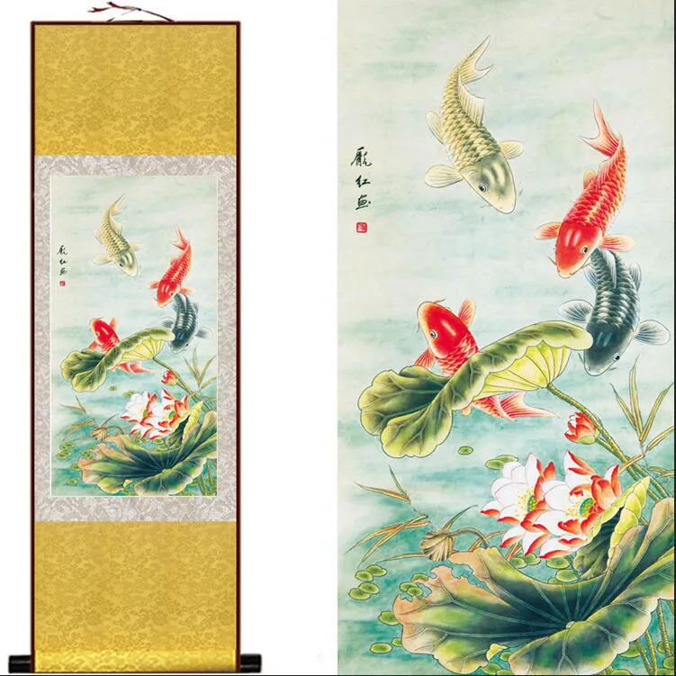 Fish painting Silk painting traditional art Chinese painting   fish playing art painting FISH in the water