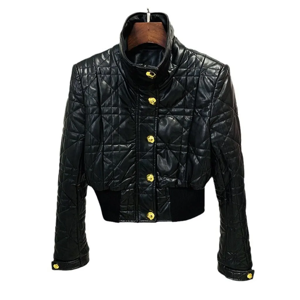 

New European And American Biker Style Short Leather Jacket Slim Waistline Plaid Celebrity Fashion for Women