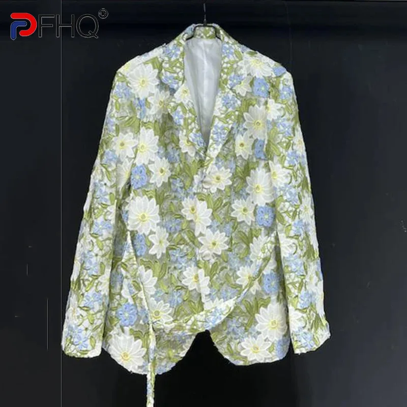 PFHQ Flower Woven Hollow Embroidery Suit Jacket 2024 Contrast Color Long Sleeve Autumn Winter Male Tops Fashion 21Z6082