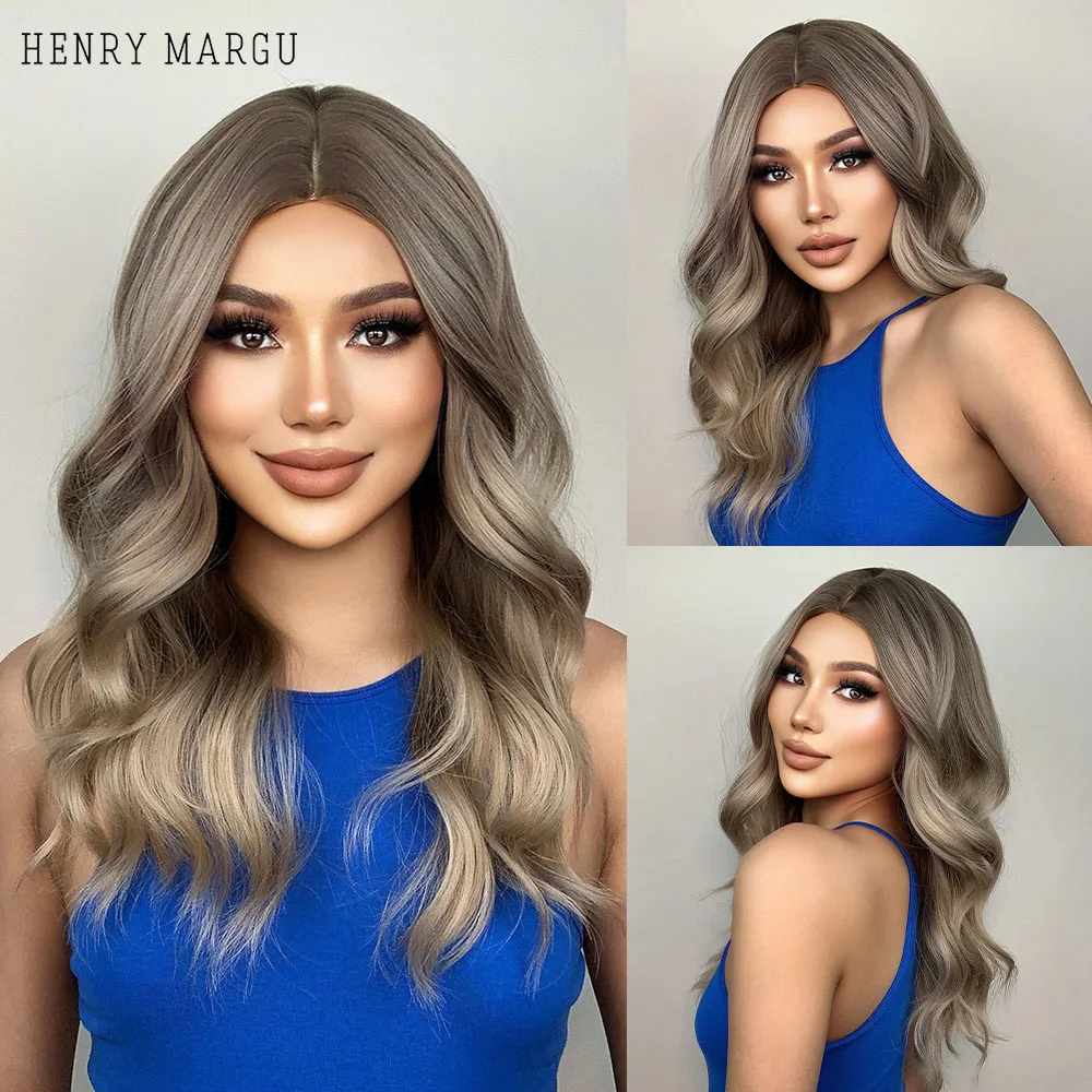 HENRY MARGU Ombre Brown Wavy Synthetic Wigs Natural Long Wavy Wig Middle Part Fake Hair for Women Daily Cosplay High Temperature