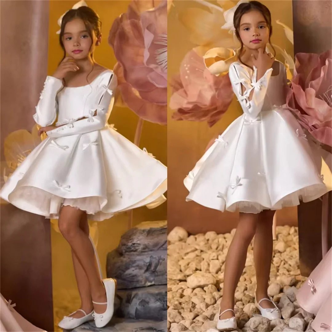 Customized White Flower Girl Dress For Wedding Appliques Peals Long Sleeve Floor Length Kids Birthday First Communion Gown