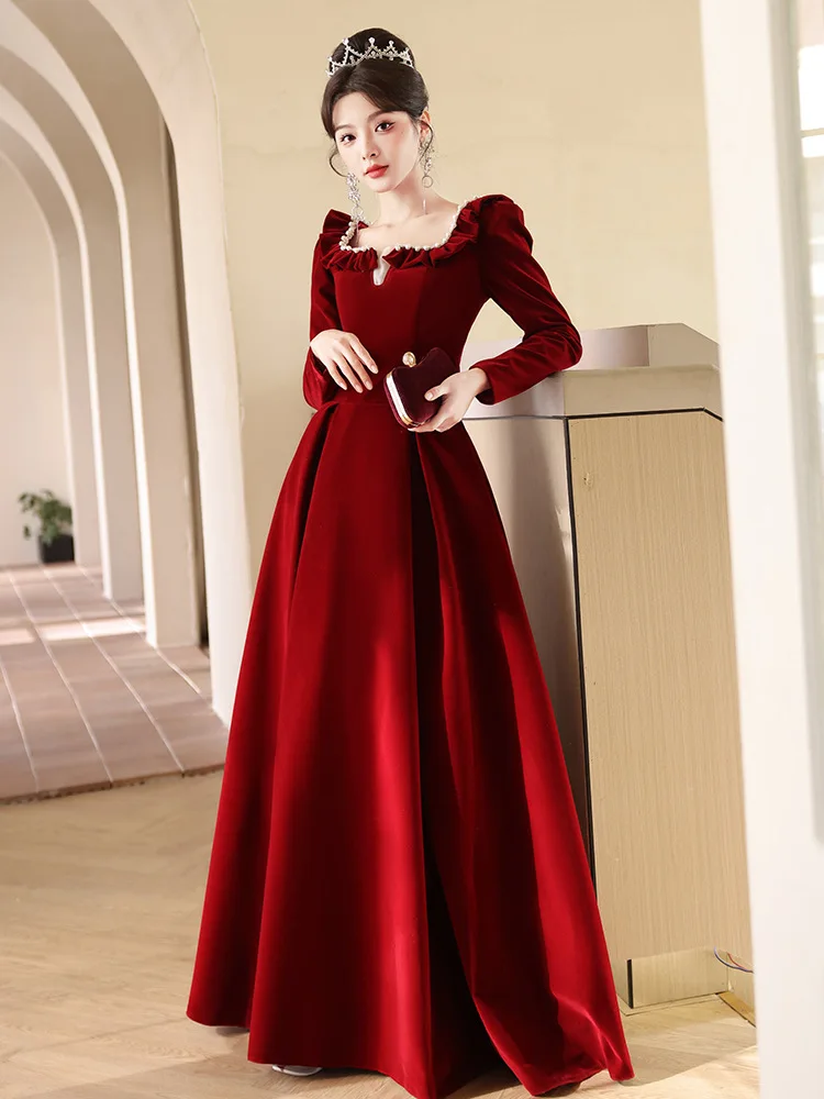 Red Evening Dress  Women In Autumn Winter Bride With  High-end Feel French  Dress  Daily Engagement Evening Wear 2024 New