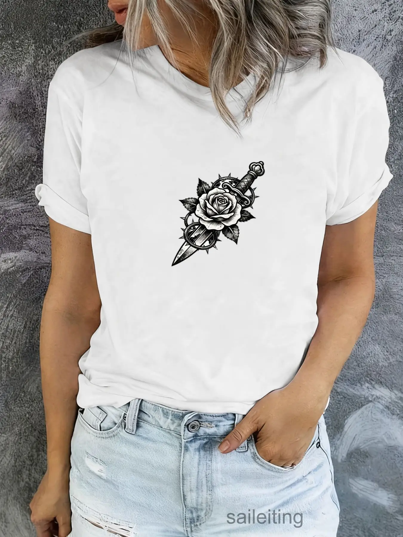 Dagger Rose Tattoo Style Graphic Tee Men Women Short Sleeve T-Shirt Black Print on White Distressed Jeans Casual Summer Breat