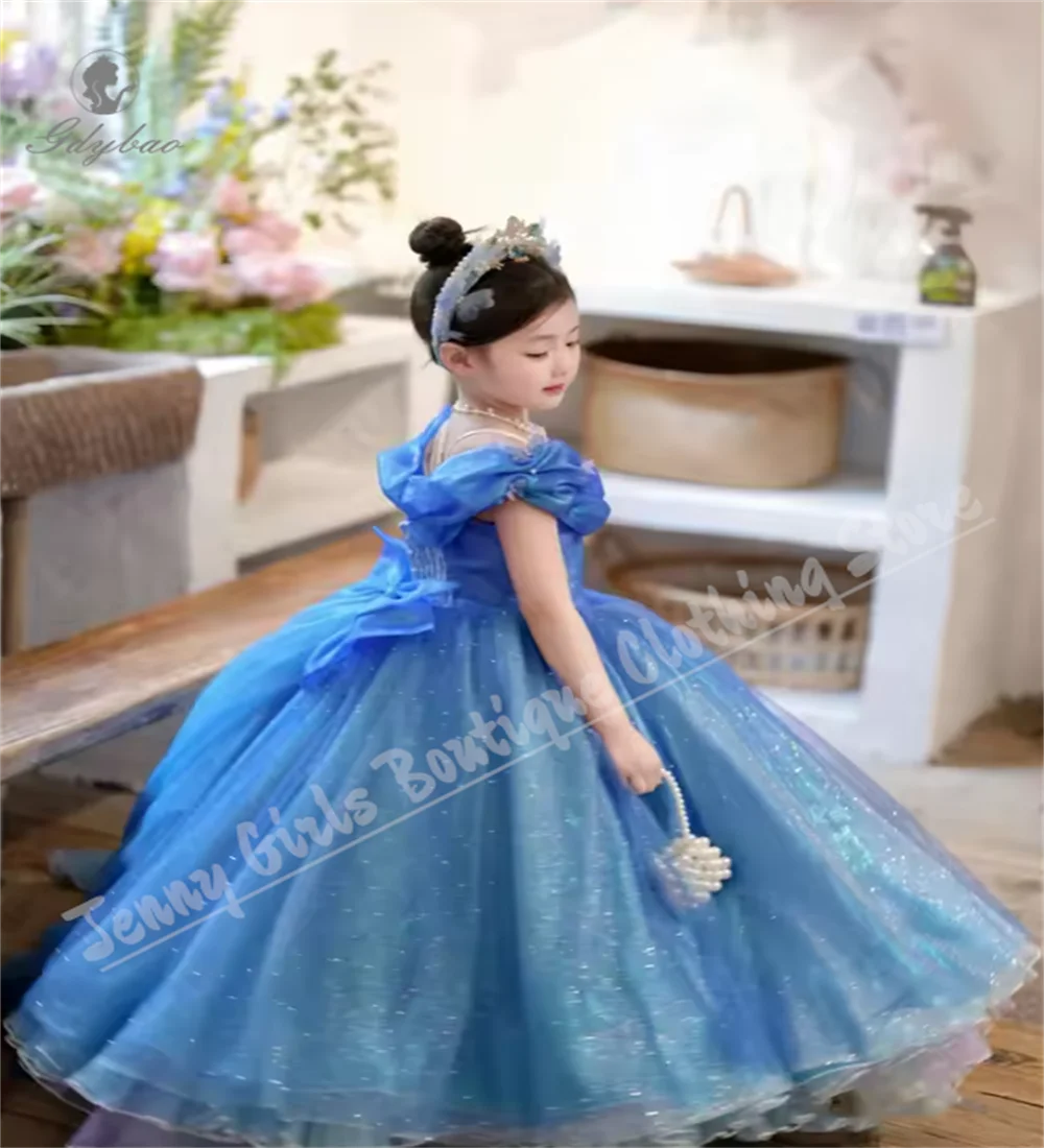 

Kids Girl Blue Party Dress Thin Straps Formal Occasion Party Gown Off Shoulder Child Birthday Photography Customize