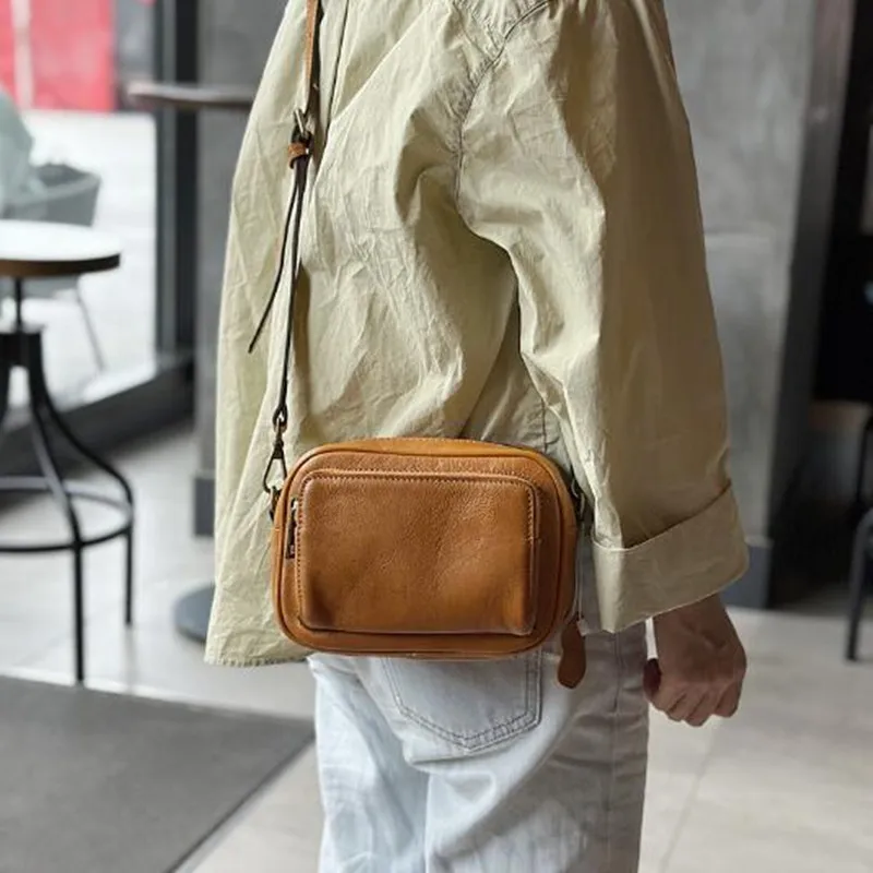 Fashion leather camera bag Female 2024 summer new small square bag cowhide casual single shoulder crossbody head layer cowhide