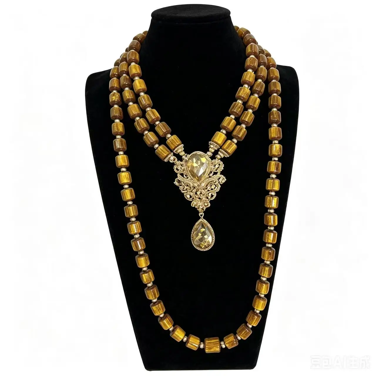 Vintage Imitation Amber 3Pcs Jewelry Set Women Multi Layer Long Beaded Necklace Water Drop Crystal Pendant Earrings Bracelet Ret