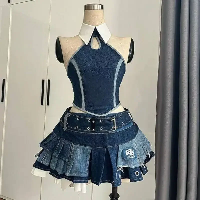 

Sweet and Cool Maillard Retro Old Spice Girl Style Splicing Lace Denim Neck Top Irregular Short Skirt Two-piece Set for Women