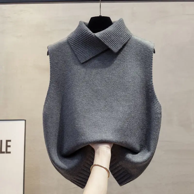 Turn-down Collar Sleeveless Loose Knit Vests Korea Chic Simple New Moda Western Style Jackets Trendy Slim Minority Mujer