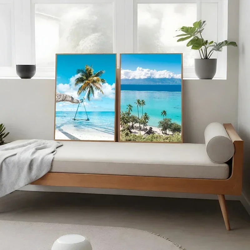 Frameless Canvas Painting Nordic Seascape Poster Modern Bule Sky Sea Beach Ocean View Canvas Painting Print Wall Art Pictures Fo