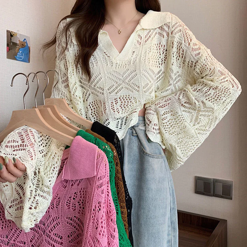 Summer Vintage Hollow Chic Bohemian Sweater Pullovers Cute Solid Turn-down Collar Long Sleeve Knitwears Korean Style Top Women