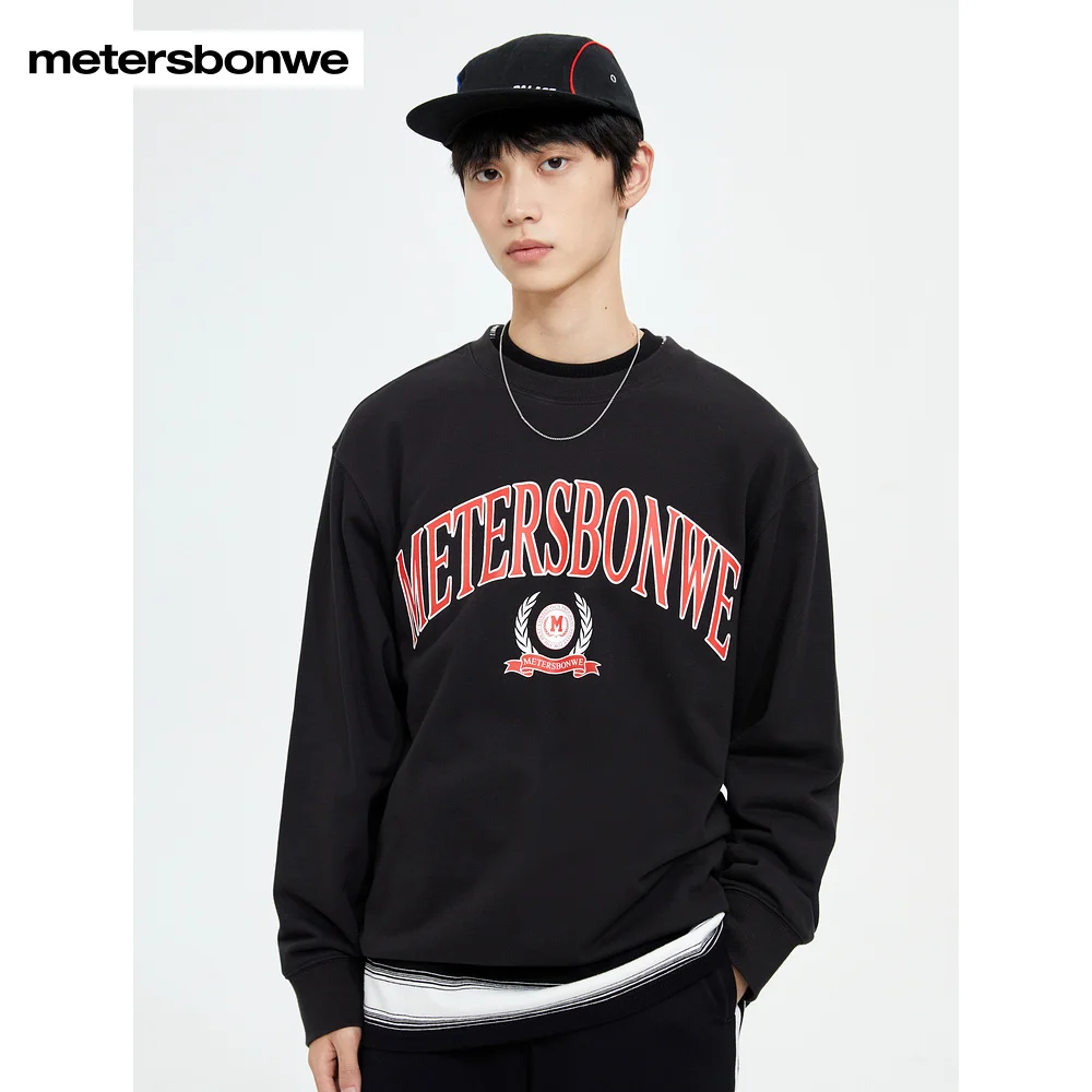 Metersbonwe-Men's American Hoodie Large Letters Printed Round Collar Knitted Jumper Campus Casual Retro Spring