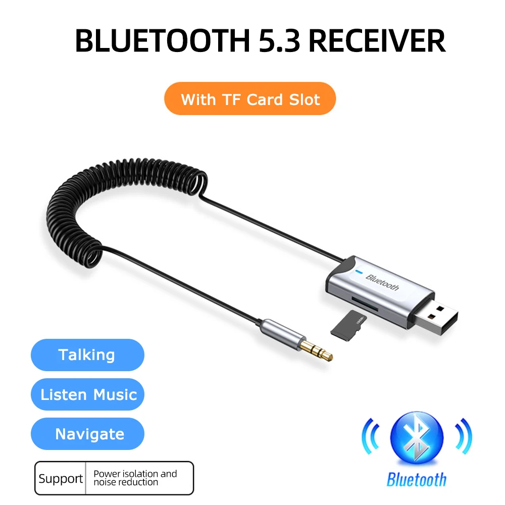 Car Bluetooth Receiver AUX 5.3 Stereo Wireless USB Dongle to 3.5mm Jack Audio Music Adapter Mic Handsfree Call & TF Card Slot