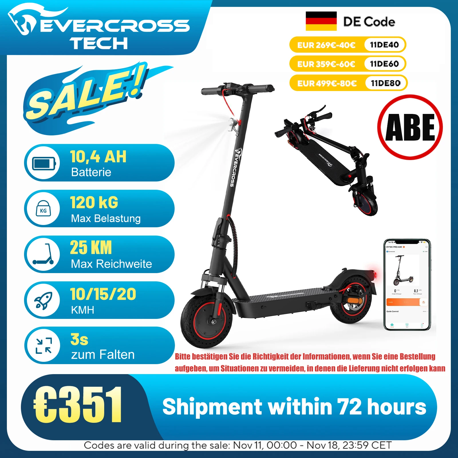 EVERCROSS TECH EV10K PRO Electric Scooter for Adults, 10'' Foldable Electric Scooter, E-Scooter with 410WH Battery, Max Speed 25km/h, App Control, Dual Shock Absorbers