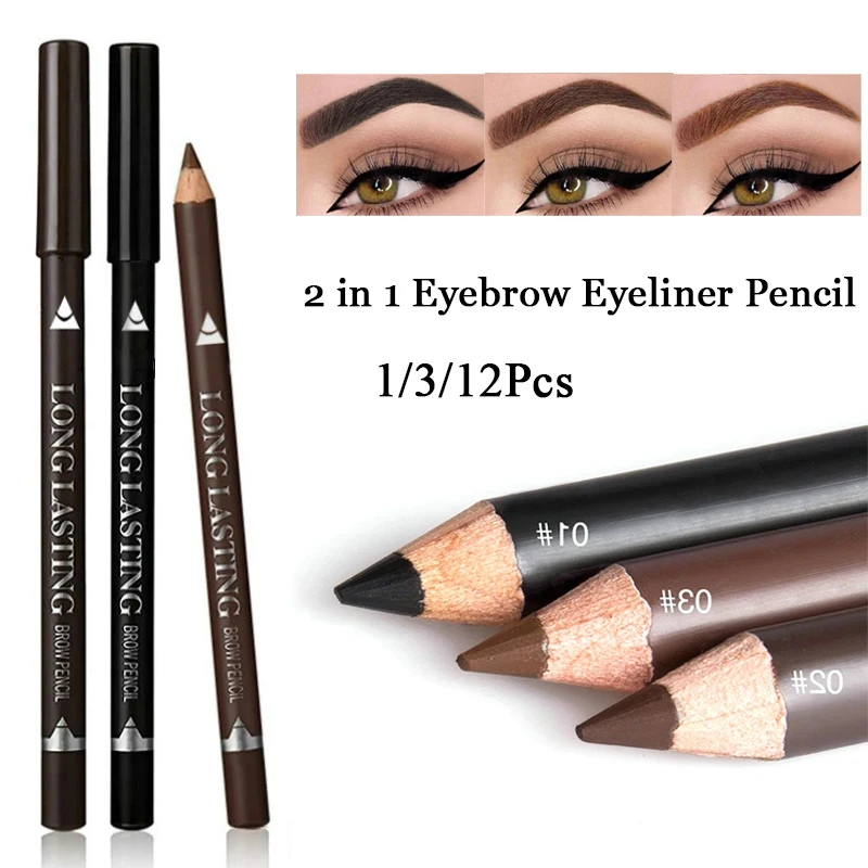 2 in 1 Eyebrow Eyeliner Pencil, Waterproof Smudge-Proof Natural Rich Color Eye Liner Brow Definer Wooden Sharpenable Makeup Pen