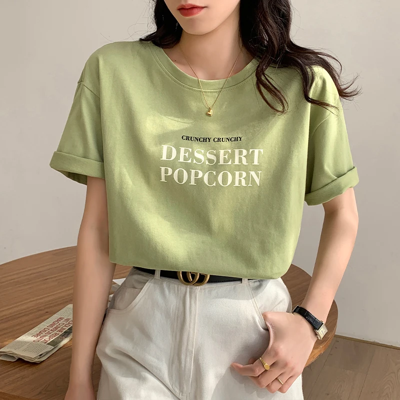 

Women's T-shirt O-neck Short Sleeve Cotton Letter Print Women Korean Popular Clothing Top Solid Color Casual Fashion