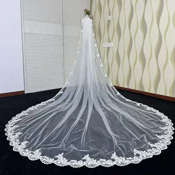 Real Photo 3M 4M 5M Nieuwe Kathedraal Bruiloft Sluiers Lange Kanten Rand Bruidssluier met Kam Bruiloft accessoires Veu de Noiva Bruid