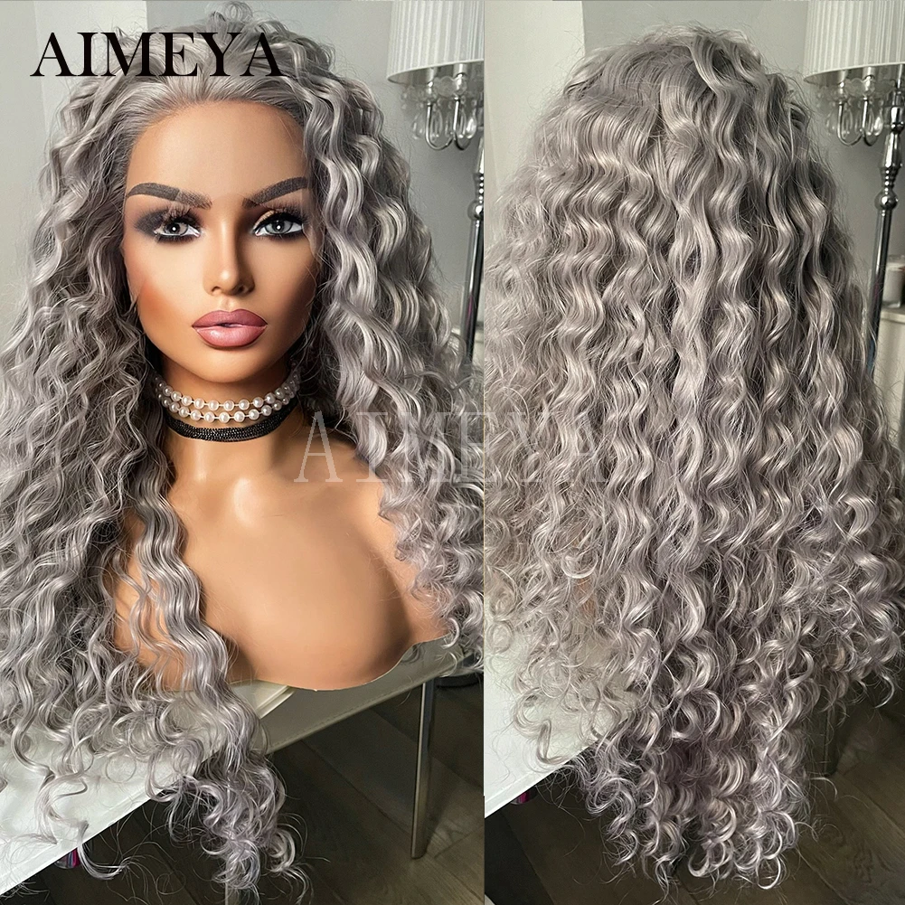 AIMEYA Loose Curly Wigs for Black Women Curly Synthetic Hair Lace Wig Free Part Cosplay Grey Wig Heat Resistant Lace Front Wigs