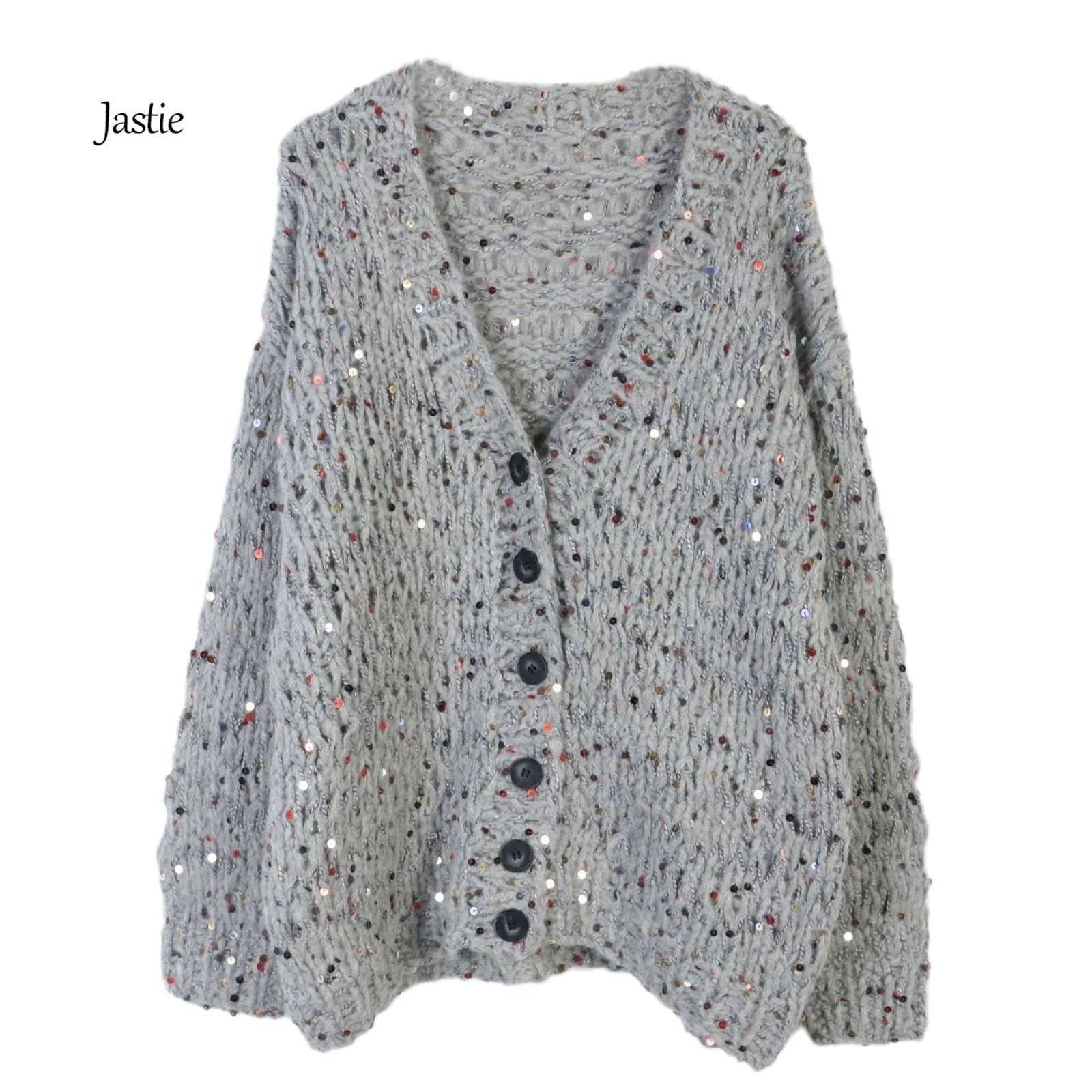 

Jastie Sequin Cardigan Sweater Female Gray Long-sleeve Autumn Winter Sweaters Loose Fashion V-neck Single-breasted Knit Sweater