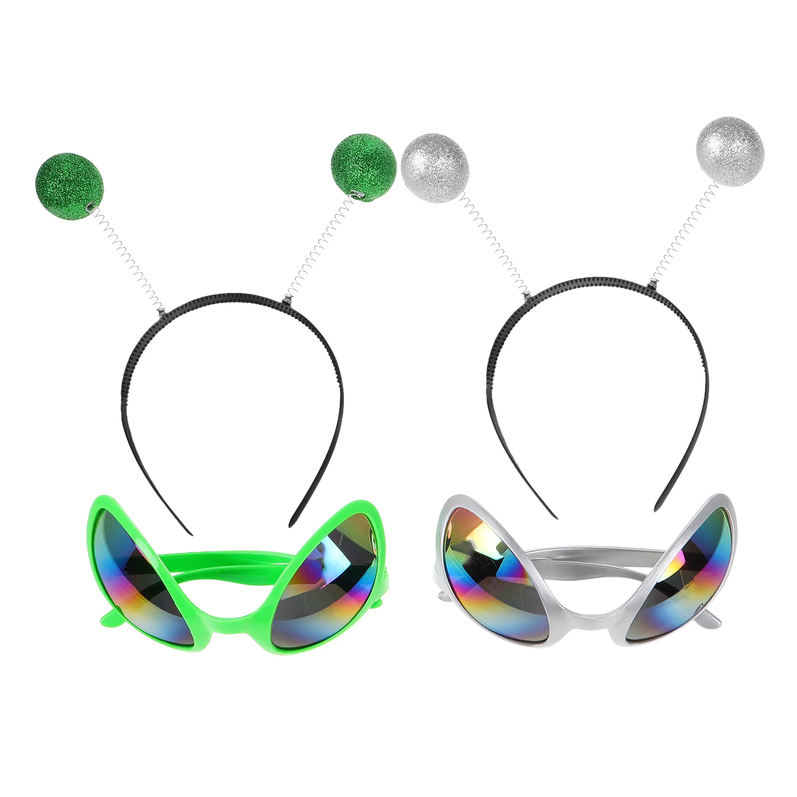 4 Pcs Alien Glasses Headband Set Green Silver Frame Sunglasses Antenna Hairband Kids Adults Cosplay Halloween Party Costume