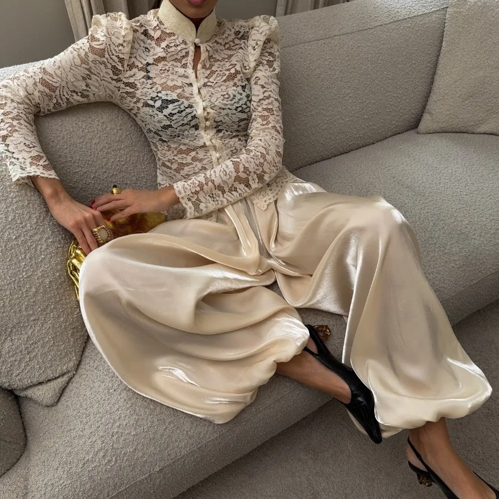 

New Loose Satin Lantern Pants Elastic High Waist Crepe Loose Bloomers Long Elegant Straight-Leg Pants Spring Summer