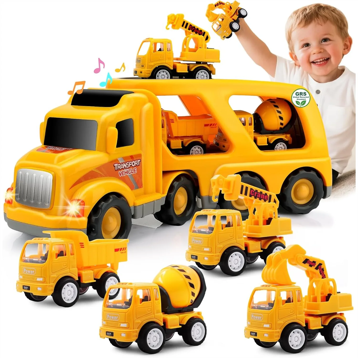 

Construction Truck Toddler Toys Car, 5 in 1 Carrier Toys for 1-4 Year Old Boy, Push Toy with Lights & Sounds, Christmas Birthday