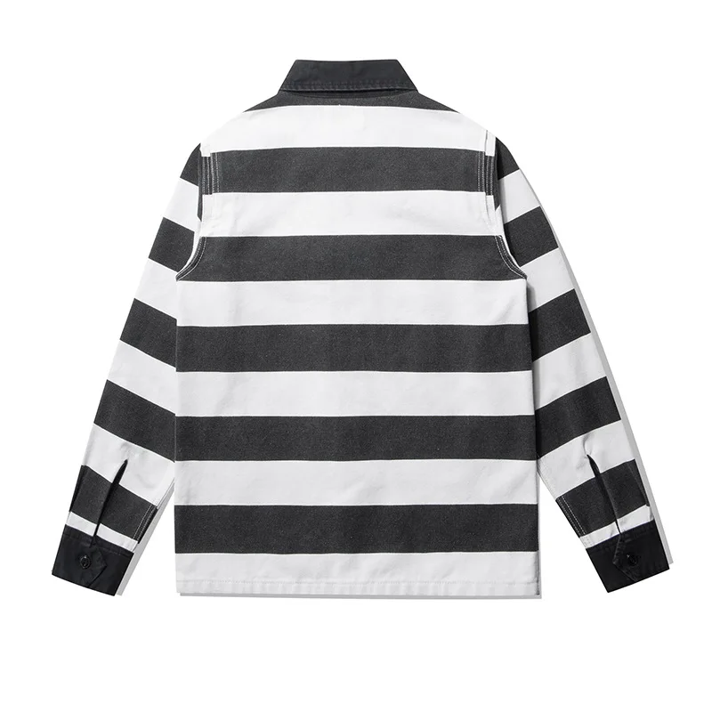 Autumn New American Retro 16oz Heavyweight Prisoner Striped Jacket Men Fashion Pure Cotton Washed Thick Canvas Motorcycle Coat