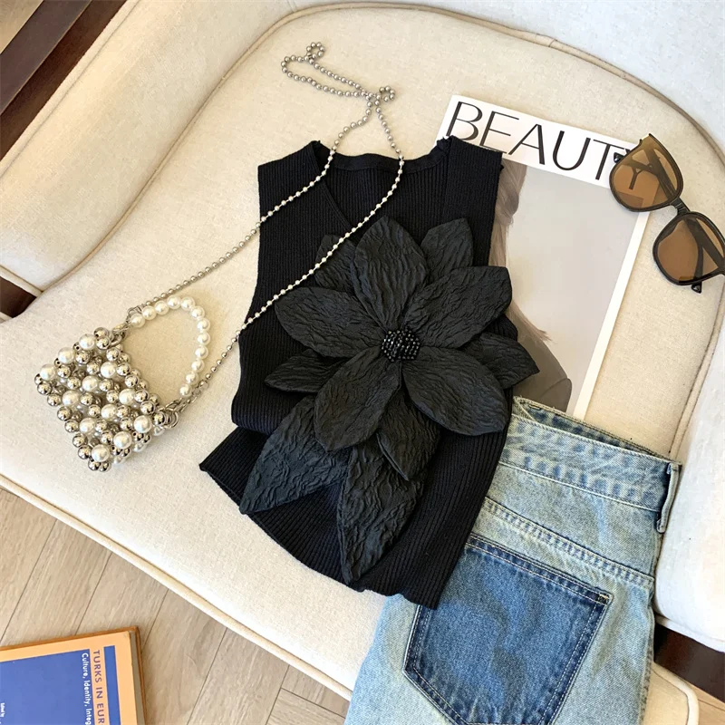 Stylish Sexy Knit Sweater Vests Women Stereo Flower Crop Tops Knitwear 2024 Summer Sleeveless O-neck Fashion Chic Ladies Jumpers